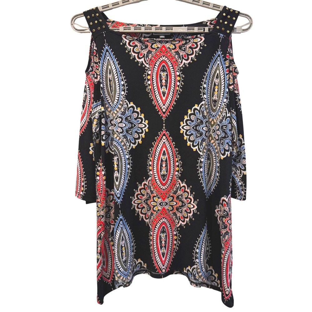JM Collection Cold Shoulder Dress Black Red‎ Blue Paisley Print Gold Studs XL